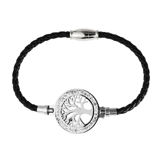 Damen Armband – Armreif Lebensbaum aus Leder mit Strass Steinchen 18 cm