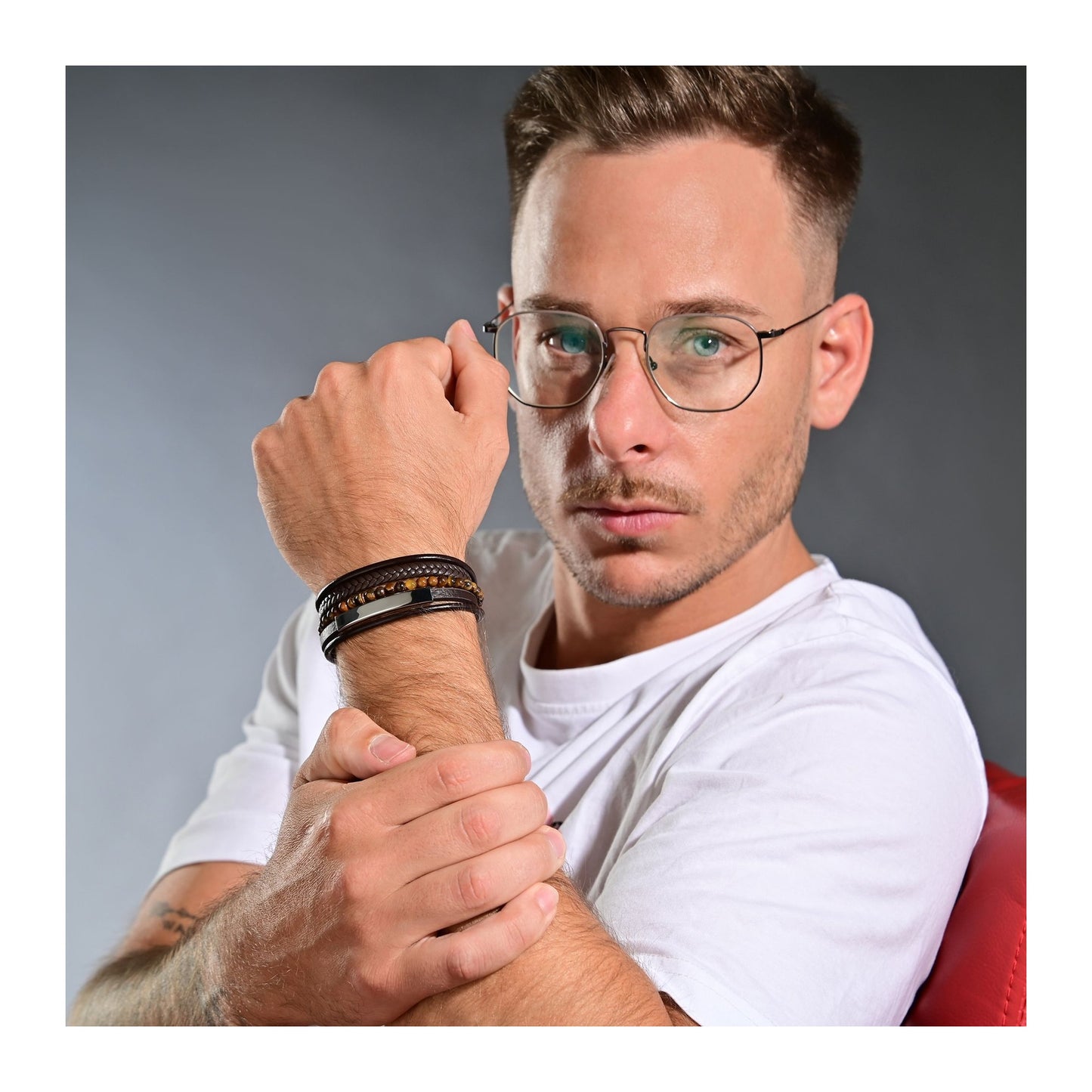 Herren Armband – Lederarmband aus Leder mit Tigerauge 19 cm