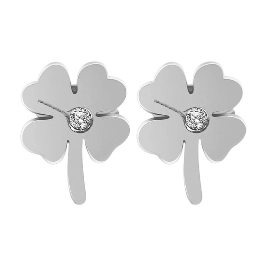 Damen Ohrringe – Ohrstecker Kleeblatt aus Edelstahl mit Strass Steinchen
