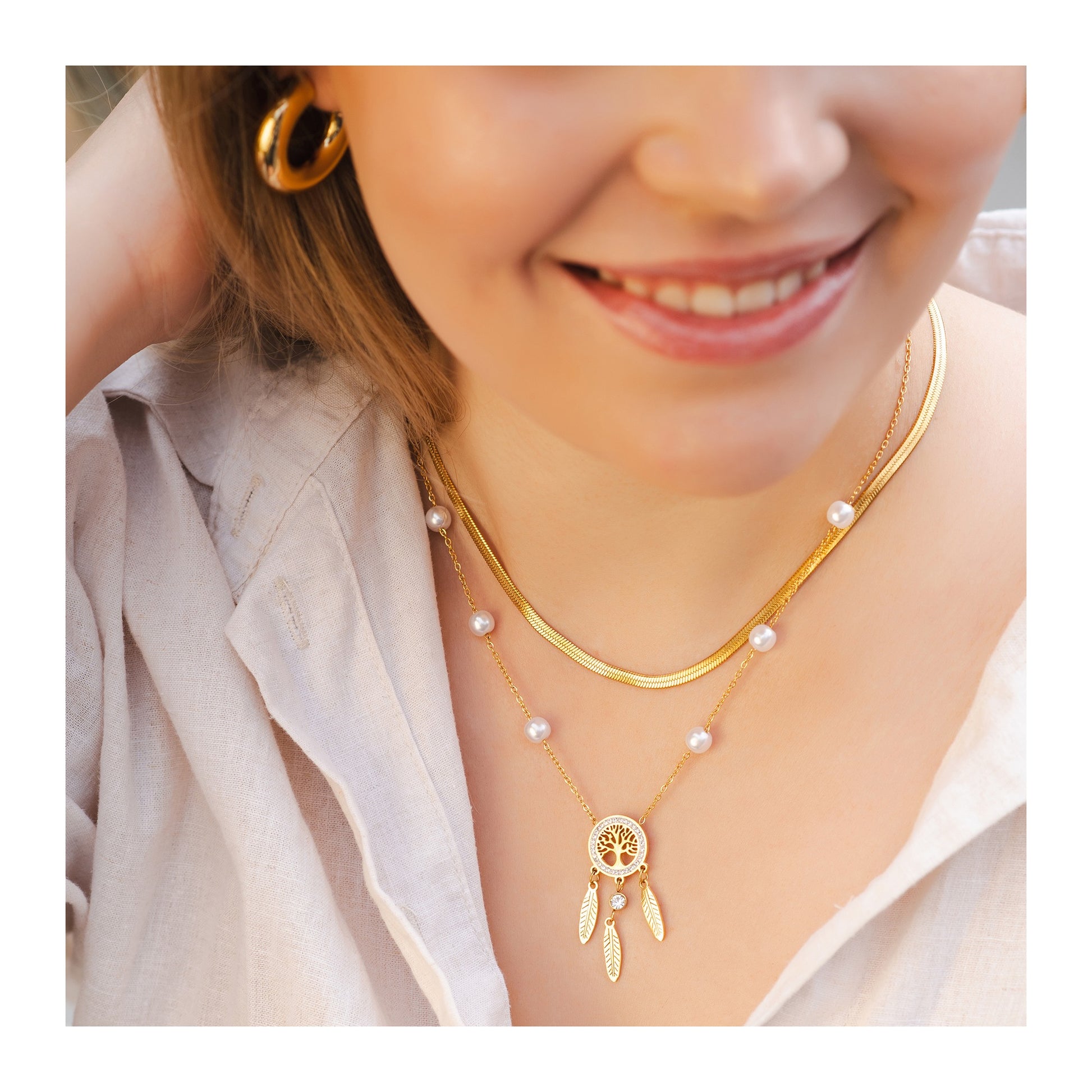 Damen Halskette – Schlangenkette Lebensbaum aus Edelstahl mit Perle 40 cm